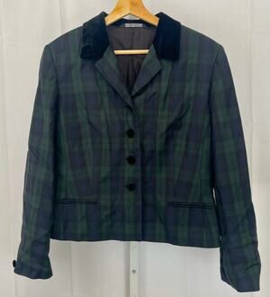 LAURA ASHLEY Vtg Plaid Pure New Wool Blazer Jacket Velvet Trim Green Blue Sz 10